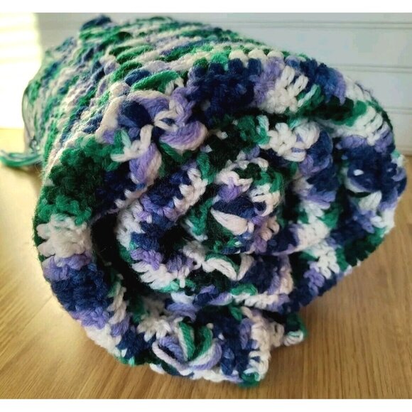 Afghan Blanket Heathered Green Blue Purple and White w/ Tassels, EUC - Picture 2 of 10